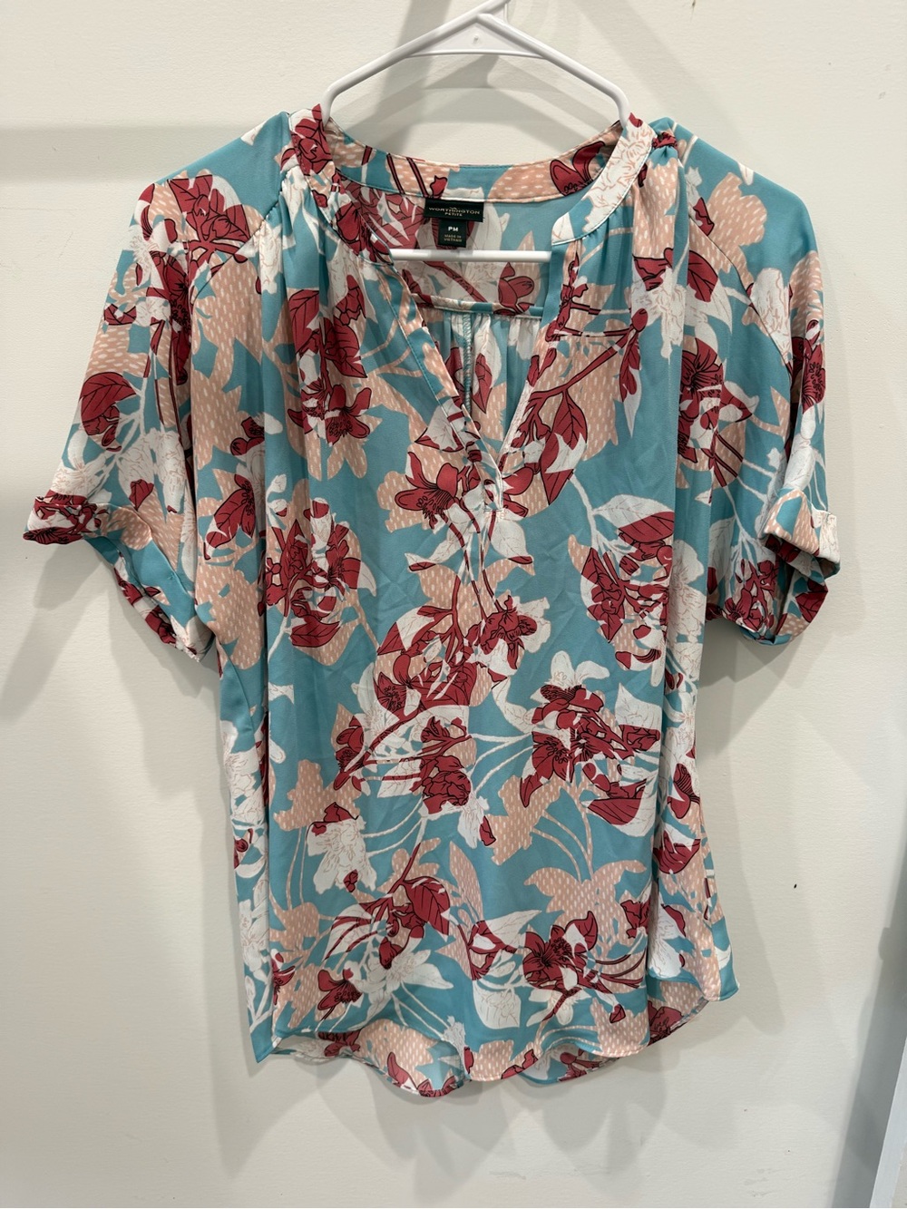 Worthington Teal Floral Split-Neck Blouse with Red & Cream Accents